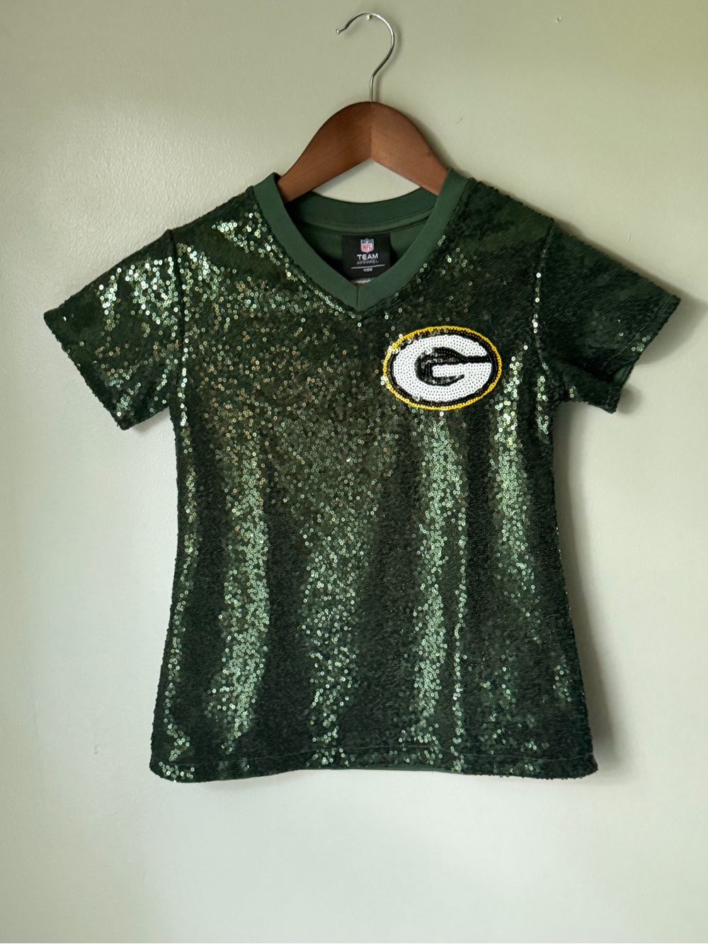 Green Bay Packers Sequin Girls V-Neck Football Tee with Logo